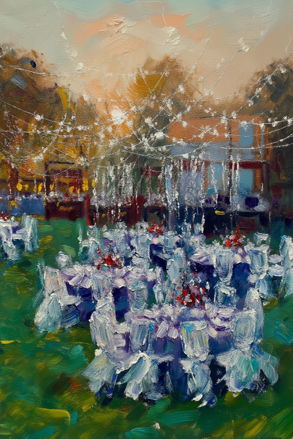 02 / The Garden Reception — Festoon light dissolved into loose palette-knife strokes.