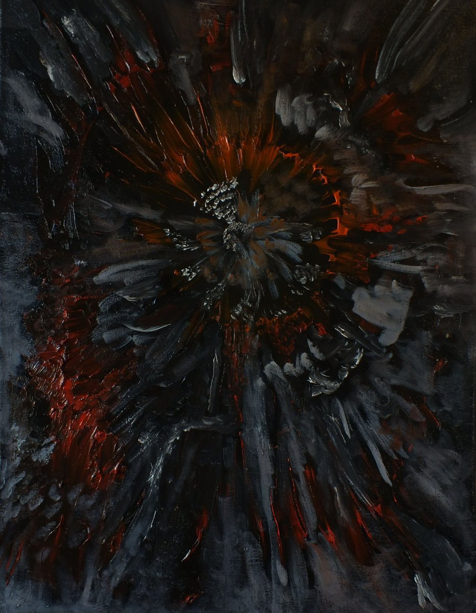 Radial burst of burnt orange and crimson exploding out of a black centre