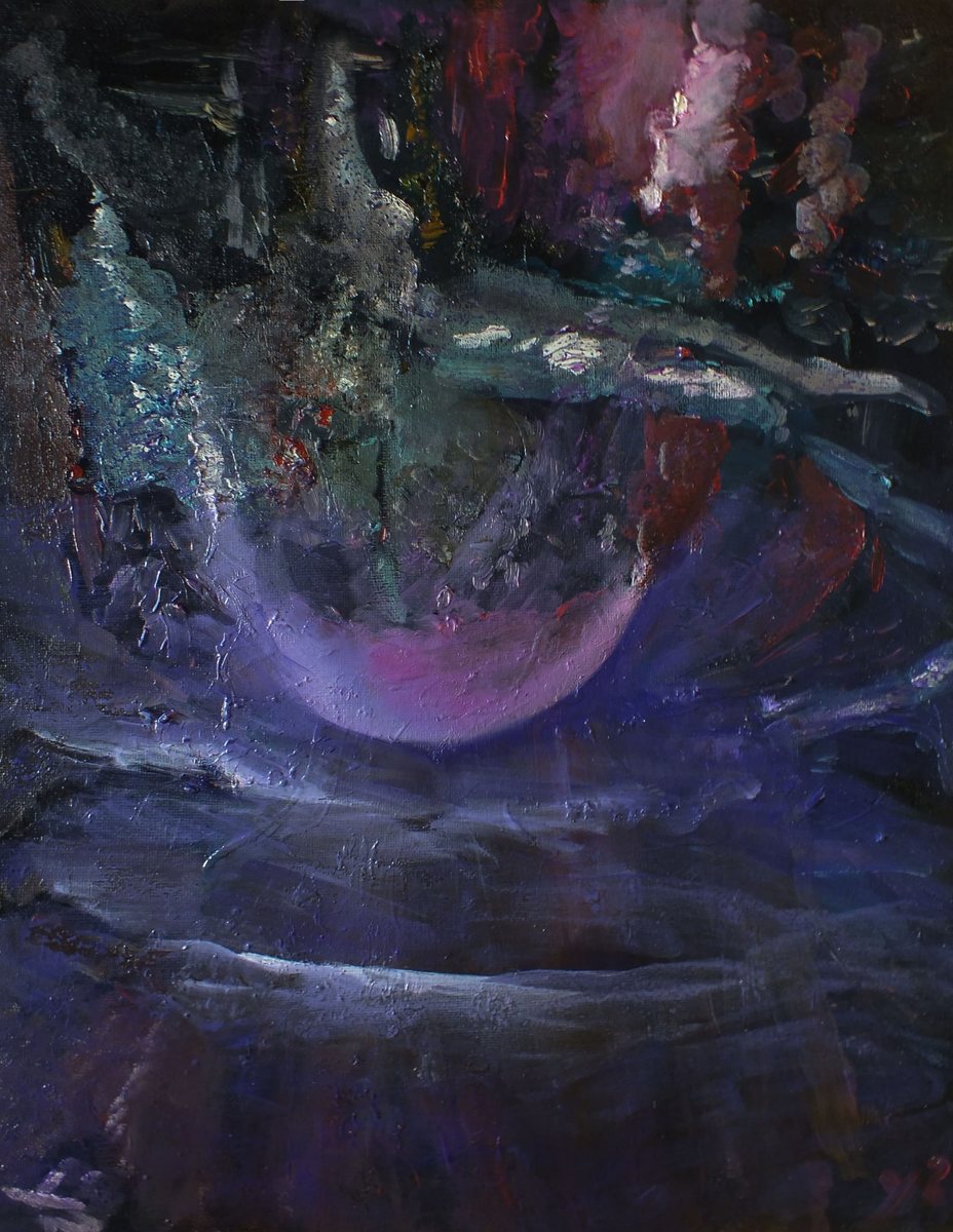 A luminous lilac crescent resting in indigo and slate-green darkness