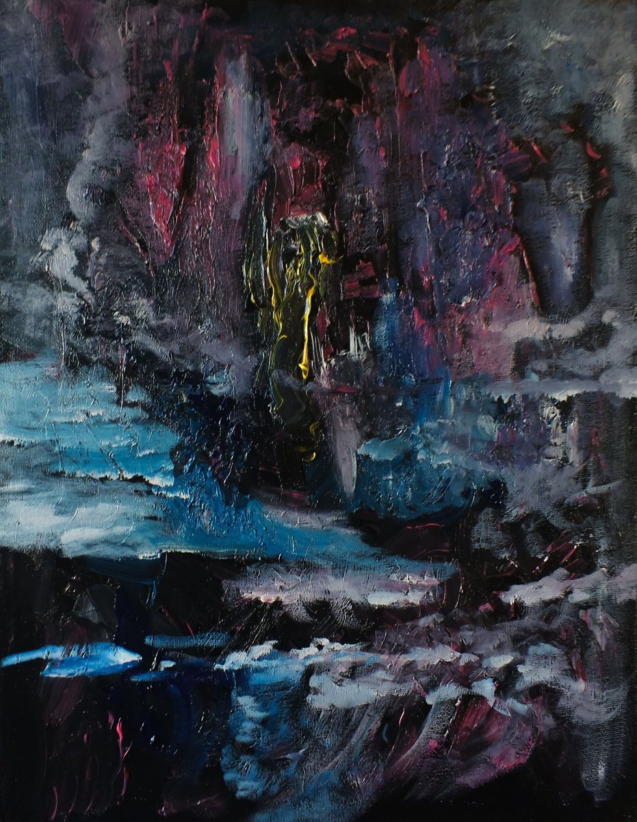Burgundy and cobalt rock face split by a vertical drip of ochre light