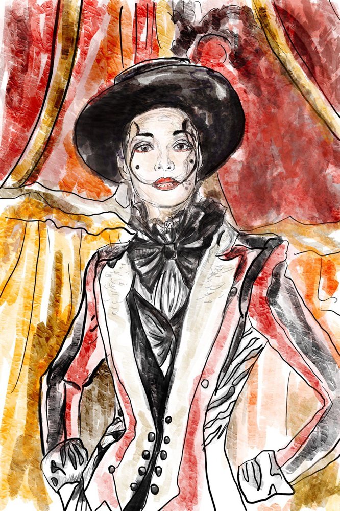 Figure in a wide black hat drawn with the left hand against red-gold curtains