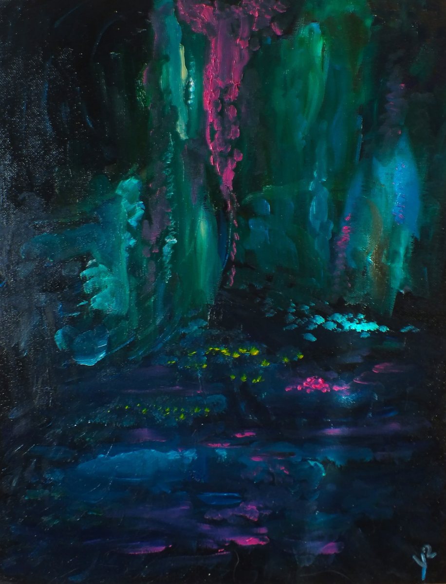 Bioluminescent grotto of turquoise and emerald pierced by a seam of magenta light